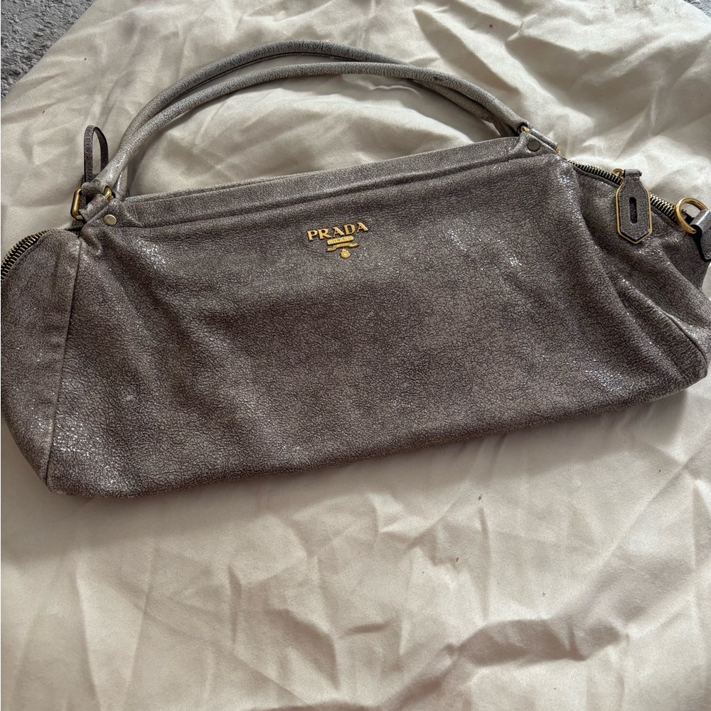 Prada Metallic Leather Gray Shoulder Bag